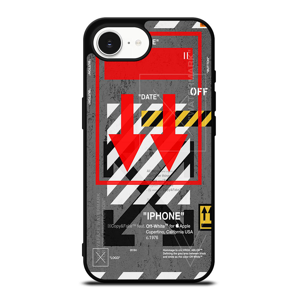 Red Arrow Down Off White iPhone 16e case black TPU silicone rubber protective cover by Casedear