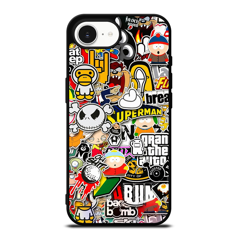 Sticker Bomb Collage iPhone 16e case black TPU silicone rubber protective cover by Casedear