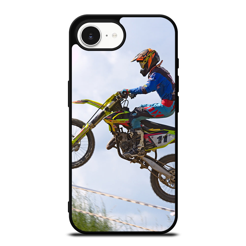 Stunt In Motocross Dirt Bike iPhone 16e case black TPU silicone rubber protective cover by Casedear