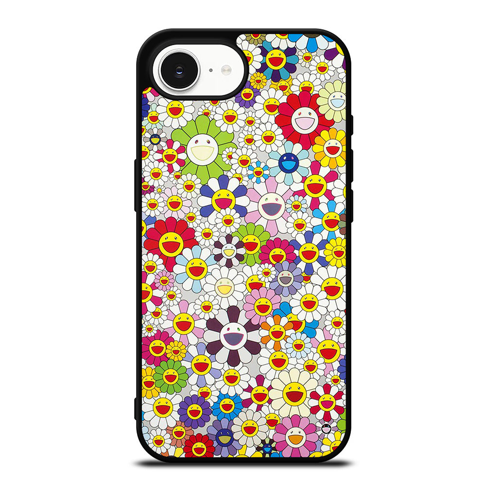 Takashi Murakami Flower Ball iPhone 16e case black TPU silicone rubber protective cover by Casedear