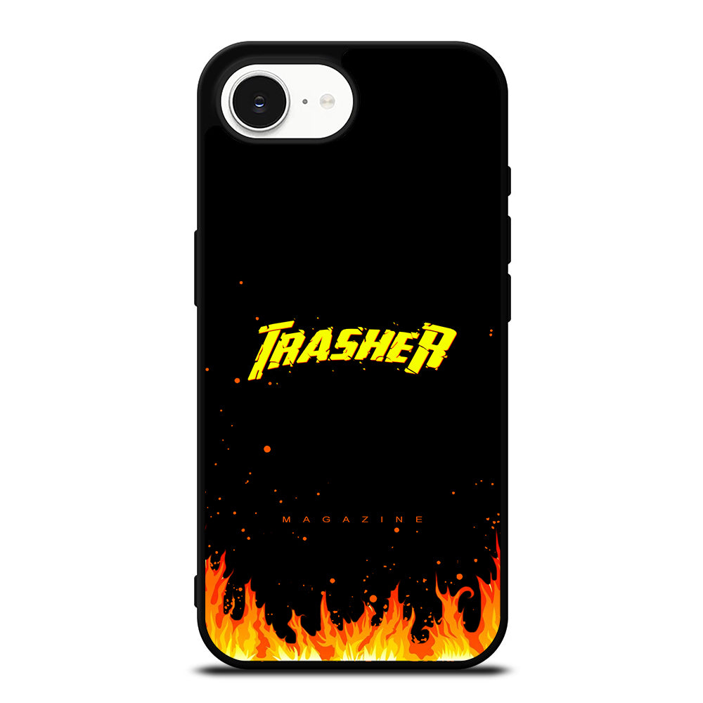 Trasher Smoldering Font iPhone 16e case black TPU silicone rubber protective cover by Casedear