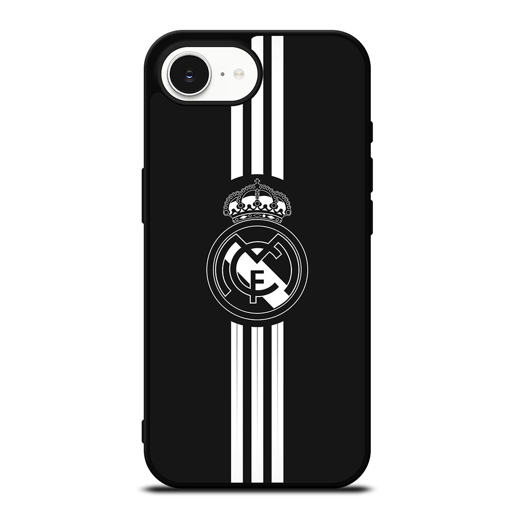 3 Stripes Real Madrid iPhone 16e case black TPU silicone rubber protective cover by Casedear