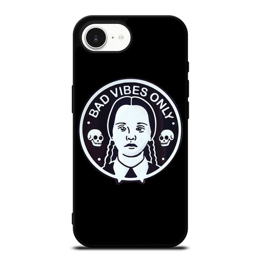 BAD VIBES ONLY WEDNESDAY ADDAMS iPhone 16e case black TPU silicone rubber protective cover by Casedear
