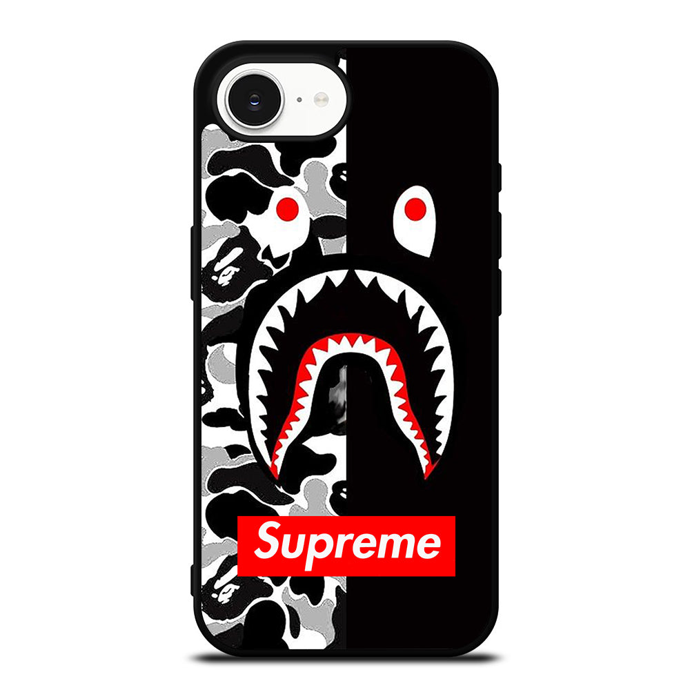 BAPE SHARK SUPRE ME iPhone 16e case black TPU silicone rubber protective cover by Casedear