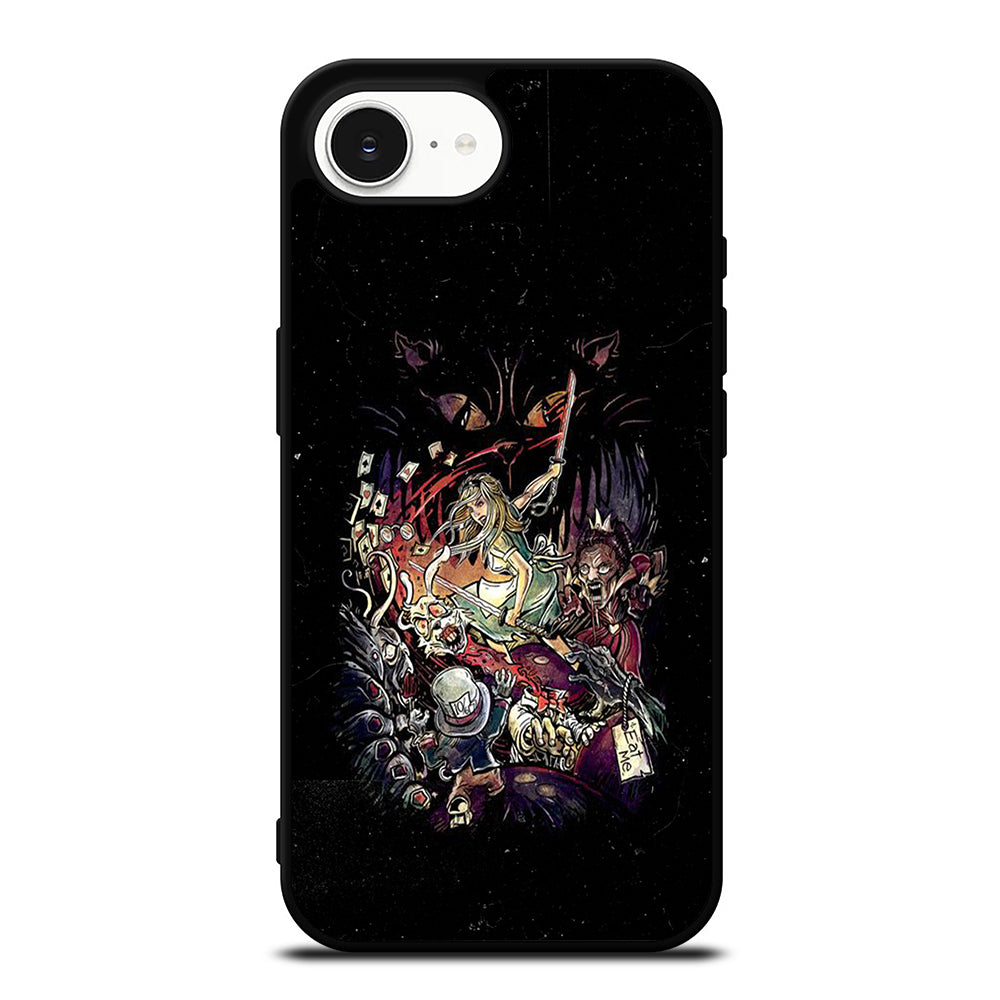 Black Zombie Alice In Wonderland iPhone 16e case black TPU silicone rubber protective cover by Casedear