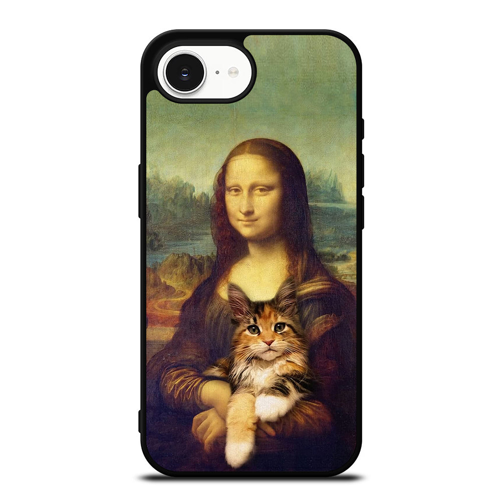 Cat And Monalisa iPhone 16e case black TPU silicone rubber protective cover by Casedear