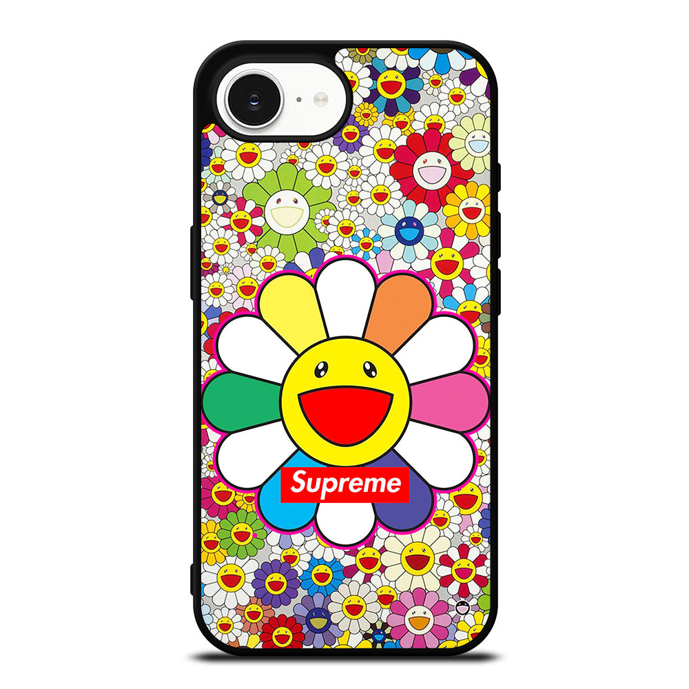 Colorful Takashi Murakami Flower iPhone 16e case black TPU silicone rubber protective cover by Casedear