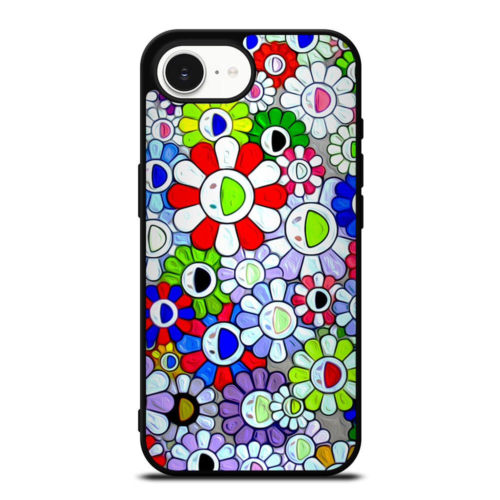 Cool Takashi Murakami Flowers iPhone 16e case black TPU silicone rubber protective cover by Casedear