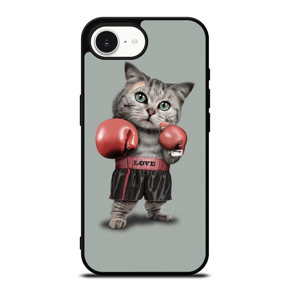 Cute Cat Boxing iPhone 16e case black TPU silicone rubber protective cover by Casedear