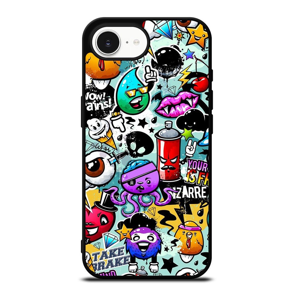 Cute Graffiti Image iPhone 16e case black TPU silicone rubber protective cover by Casedear