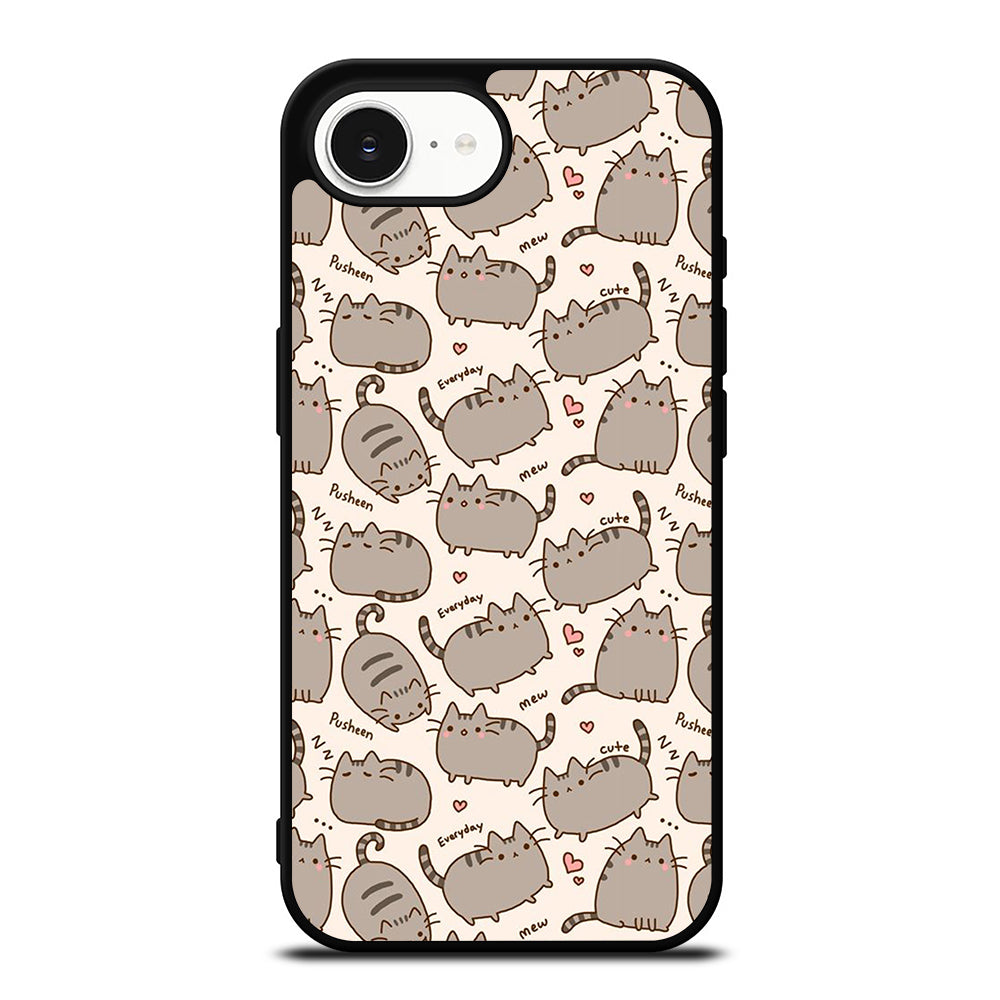Cute Pusheen Cat Cartoon Collage iPhone 16e case black TPU silicone rubber protective cover by Casedear