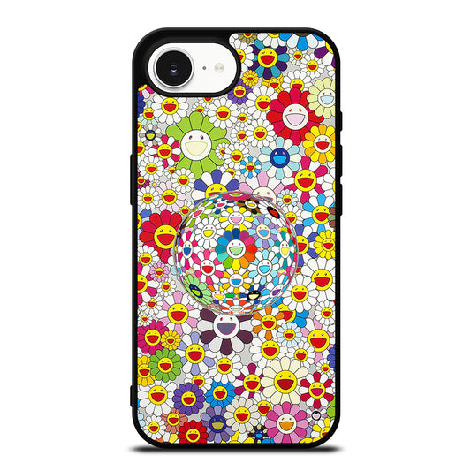 Flower Ball Takashi Murakami iPhone 16e case black TPU silicone rubber protective cover by Casedear