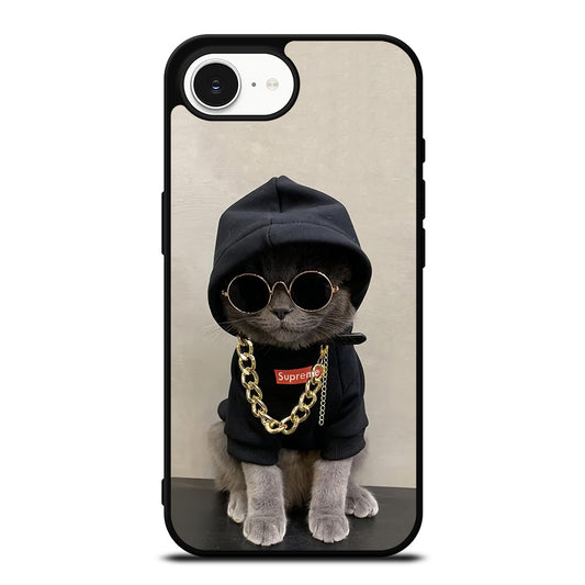 Hype Beast Cat iPhone 16e case black TPU silicone rubber protective cover by Casedear