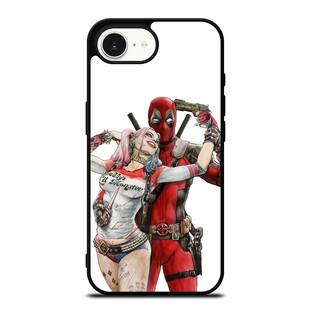Iconic Deadpool & Harley Quinn iPhone 16e case black TPU silicone rubber protective cover by Casedear