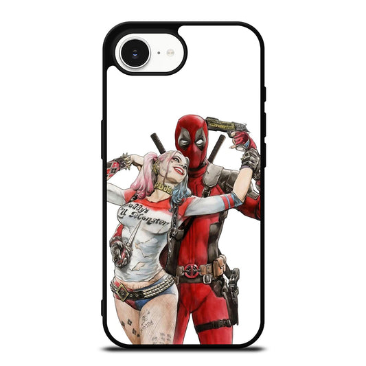 Iconic Deadpool & Harley Quinn iPhone 16e case black TPU silicone rubber protective cover by Casedear