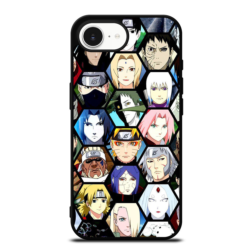 Naruto All Characters Face iPhone 16e case black TPU silicone rubber protective cover by Casedear