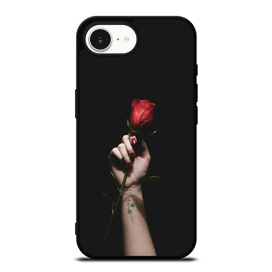 Red Rose Flower Hand iPhone 16e case black TPU silicone rubber protective cover by Casedear