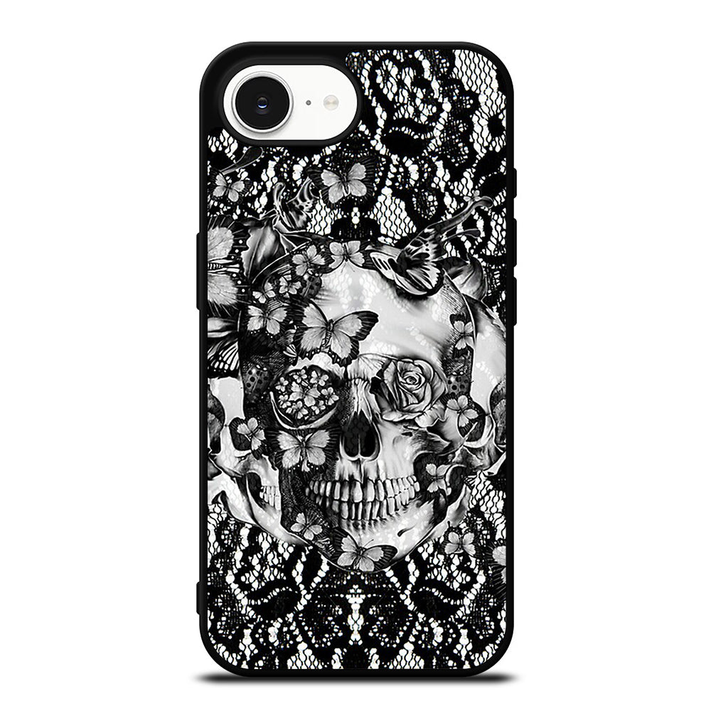 Skull Butterfly Lace iPhone 16e case black TPU silicone rubber protective cover by Casedear