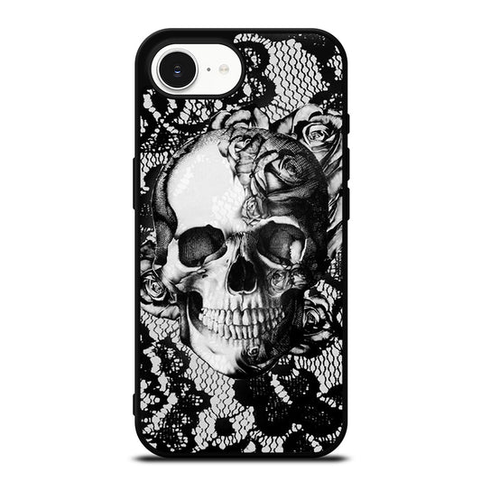 Skull On Black Lace iPhone 16e case black TPU silicone rubber protective cover by Casedear