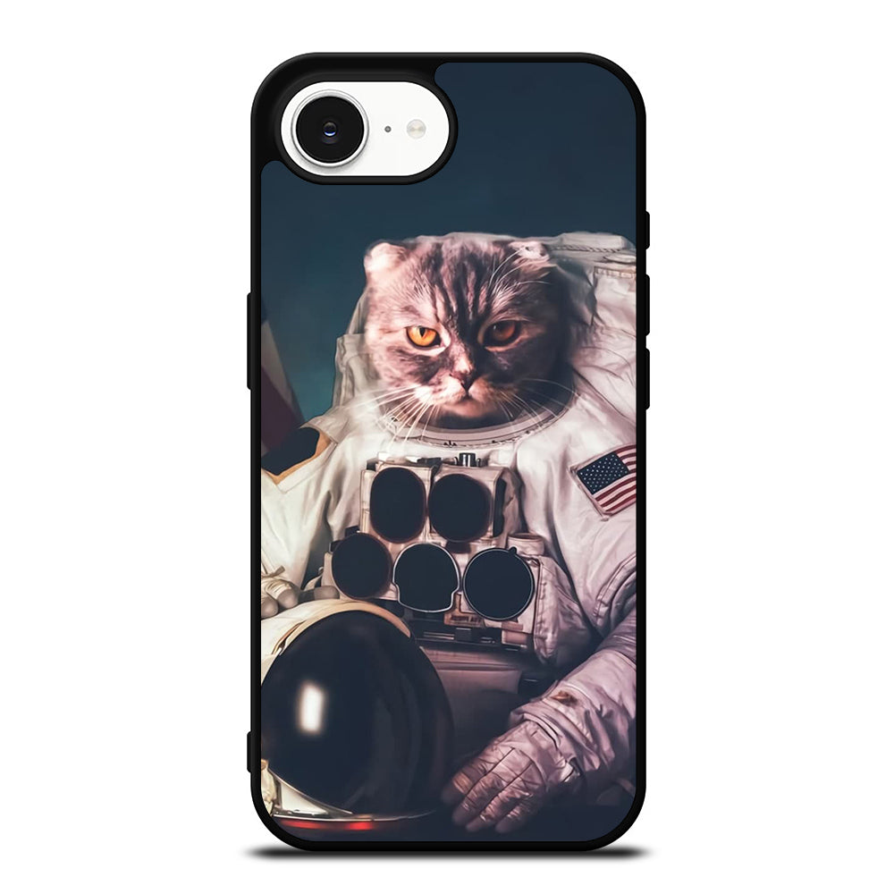 The Astronaut Cat iPhone 16e case black TPU silicone rubber protective cover by Casedear